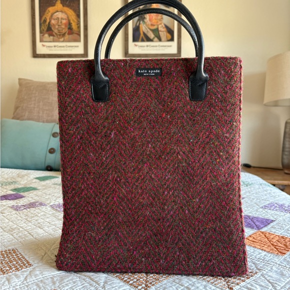 Kate Spade Vintage Pink and Green Tweed Tote with Black Leather Handles - Picture 1 of 8